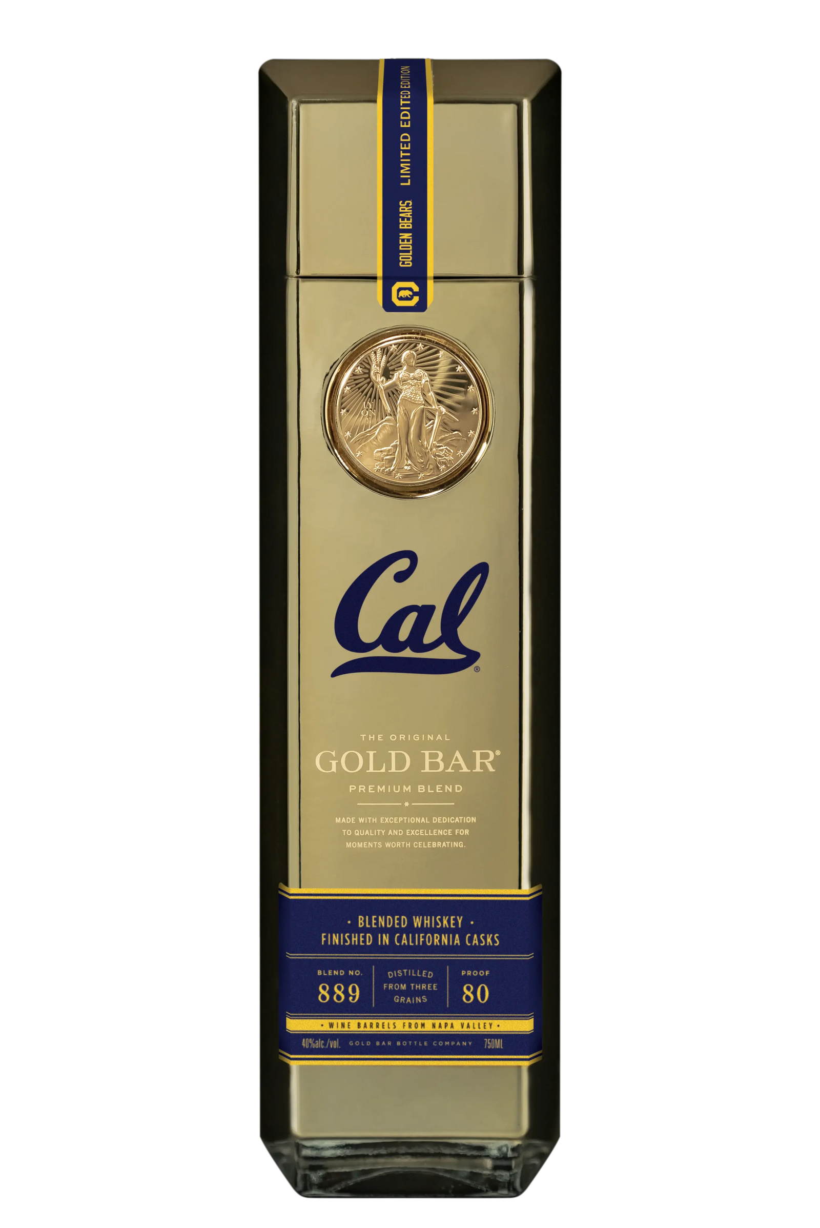 Gold Bar Cal Golden Bears Limited Edition Blended Whiskey comes in a sleek, tall gold bottle with a round medallion and blue label featuring the Cal logo and product details, showcasing its exclusive rectangular design.