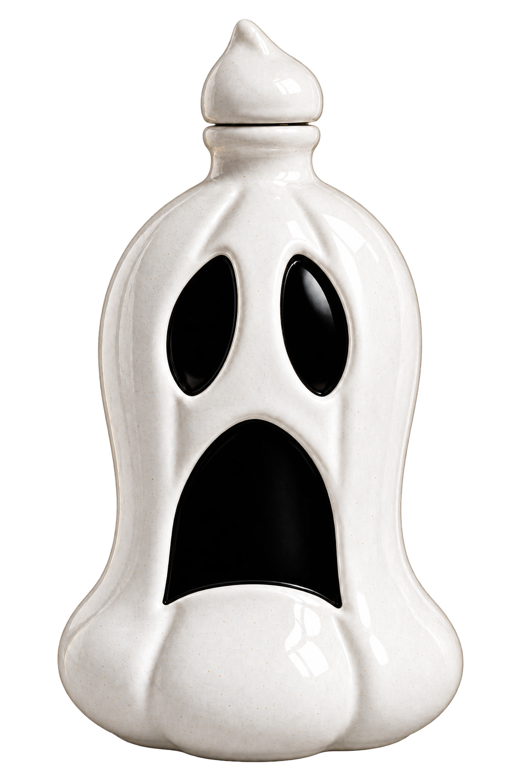 The Gran Agave White Ghost Edition Reposado Tequila 2026 by Gran Agave comes in a white ceramic container shaped like a ghost, featuring black, hollow eyes and mouth that give it a surprised or scared expression. Designed to hold this limited edition tequila, the container includes a removable lid on top, making it an ideal centerpiece for Halloween-themed celebrations.