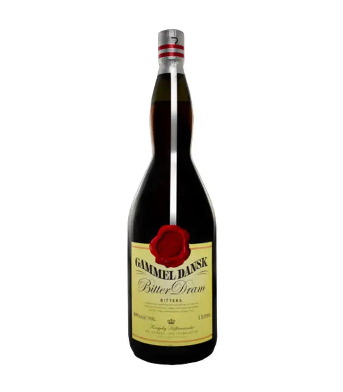 A 1L bottle of Gammel Dansk Bitter Dram featuring a cream-colored label, signature red wax seal design, and a silver-capped top.
