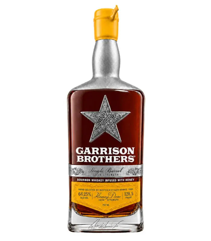 A bottle of Garrison Brothers HoneyDew Cask Strength Single Barrel Bourbon, with a silver star emblem, red label with white text, and a yellow wax seal on the cap.
