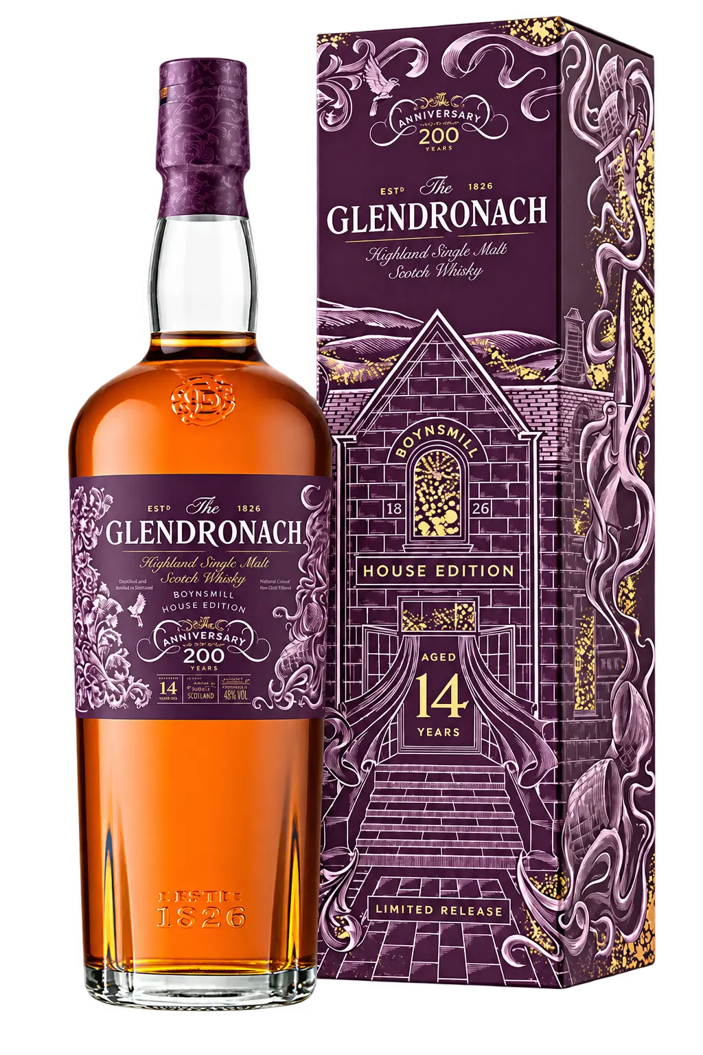 The GlenDronach 200th Anniversary 14 Year Boynsmill House Edition Single Malt Scotch Whisky 700mL bottle next to its matching purple and gold gift box, both featuring celebratory branding and an illustration of a historic house.