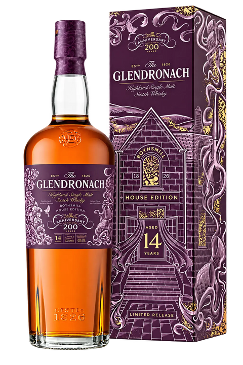 The GlenDronach 200th Anniversary 14 Year Boynsmill House Edition Single Malt Scotch Whisky 700mL bottle next to its matching purple and gold gift box, both featuring celebratory branding and an illustration of a historic house.