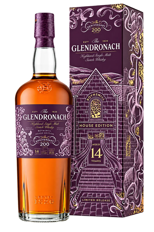 The GlenDronach 200th Anniversary 14 Year Boynsmill House Edition Single Malt Scotch Whisky 700mL bottle next to its matching purple and gold gift box, both featuring celebratory branding and an illustration of a historic house.