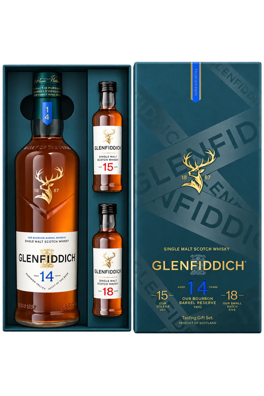 A Glenfiddich 14 Year Single Malt Scotch Whisky Limited Edition Gift Set with 15 &amp; 18 Year 50mL containing one full-sized bottle and two 50mL miniature bottles of scotch whisky, presented in a blue display box.