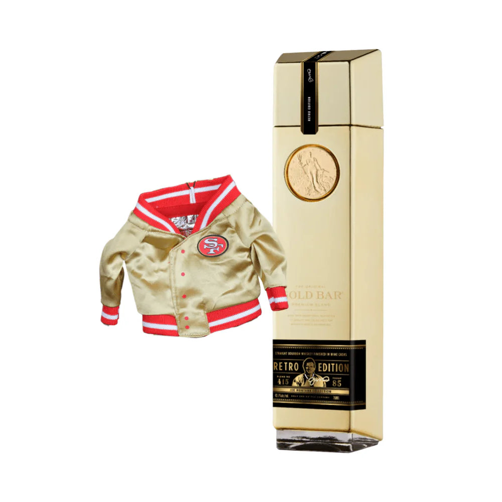 A gold football jacket with a red and white collar and San Francisco 49ers logo sits beside the Gold Bar Retro Edition with Can Koozie whiskey gift set by Gold Bar—an ideal collectible for fans and collectors.