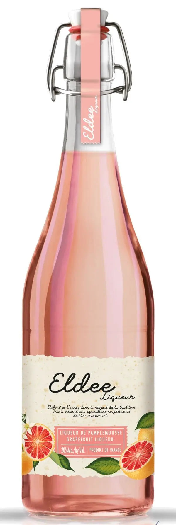 A tall glass bottle of Eldee Grapefruit Liqueur with a swing-top stopper and a label featuring citrus fruit illustrations.