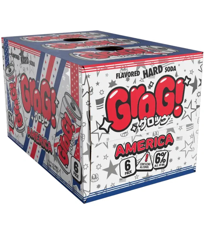 Grog! America Flavored Hard Soda 6-Pack features bold red, white, and blue graphics with stars and stripes. Enjoy 6% alcohol in every can of this patriotic drink from Grog!.
