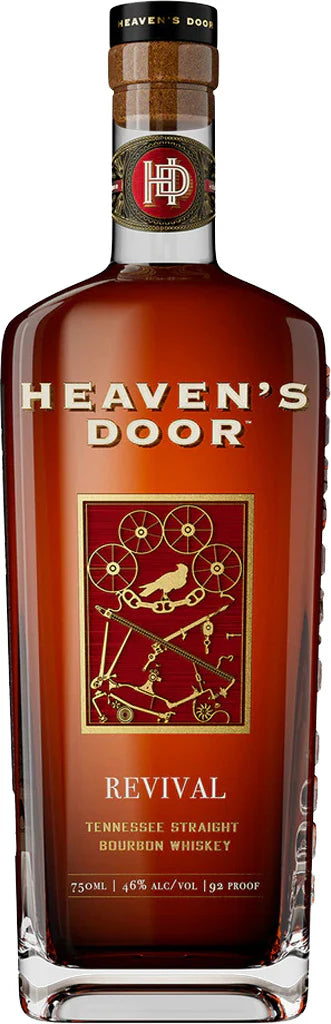Heaven’s Door Revival Tennessee Straight Bourbon by Heaven's Door Whiskey, 750 ml, features a gold label with gears, is 46% ABV (92 proof), and is a great pick for high-rye bourbon and American whiskey enthusiasts.