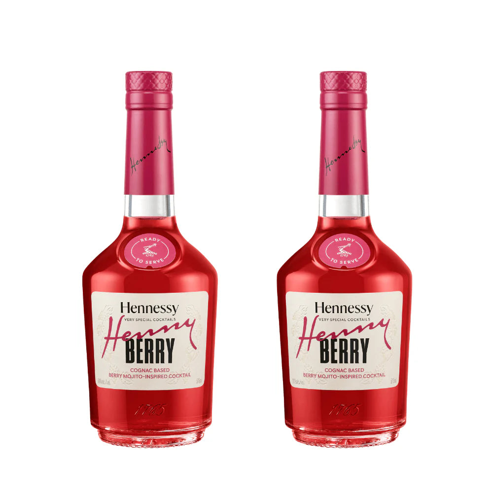 Two bottles of Hennessy Henny Berry Ready to Serve Cognac Cocktail 375mL 2-Pack feature vibrant red liquid with matching red labels and caps, displayed side by side on a white background.