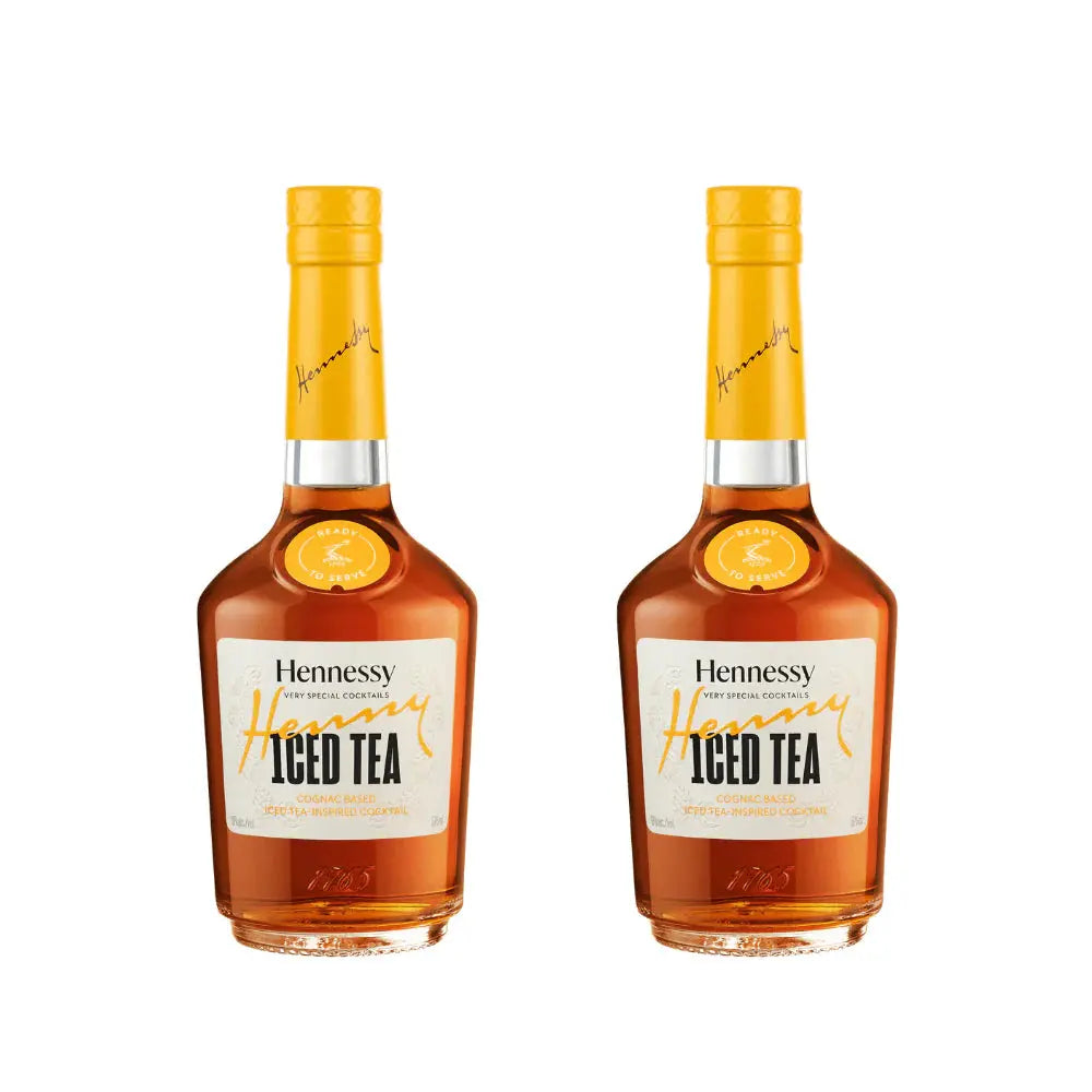 Two bottles of Hennessy Henny Iced Tea Ready to Serve Cognac Cocktail 375mL 2-Pack by Hennessy, with yellow caps and labels, are displayed side by side on a white background.