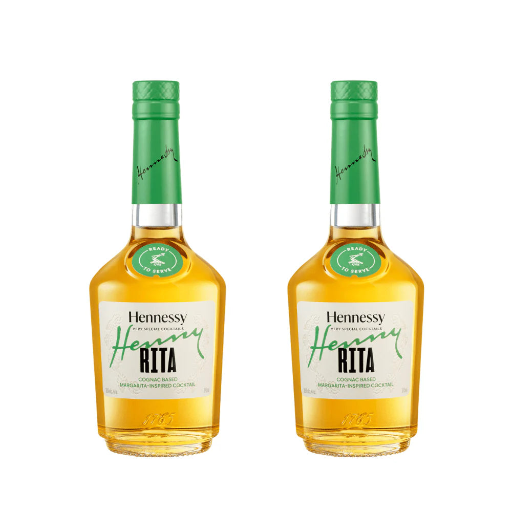 Two bottles of Hennessy Henny-Rita Ready to Serve Cognac Cocktail 375mL 2-Pack, with yellow liquid and green caps, are shown side by side on a white background.