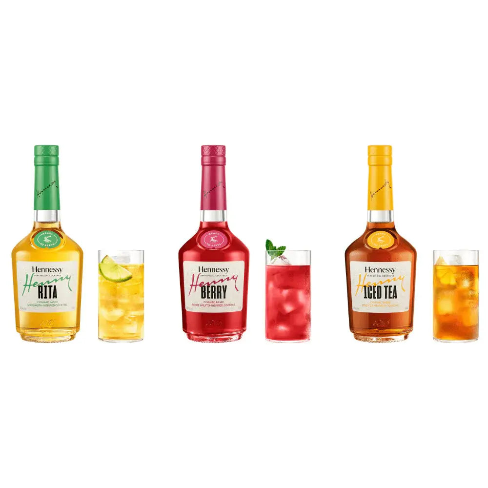 The Hennessy Ready to Serve Cocktail Variety Bundle features 375mL bottles of Henny Rita, Henny Berry, and Henny Iced Tea, each displayed with a filled glass against a white background, highlighting this flavorful selection from Hennessy.