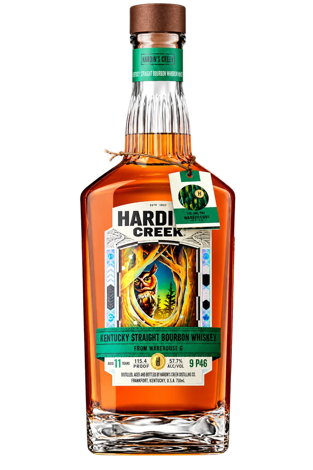 A bottle of Hardin’s Creek Warehouse Series The Owl One 11 Year Barrel Proof Bourbon Whiskey with an owl illustration on the label and a hanging tag.