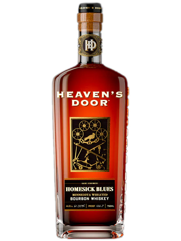 A bottle of Heaven’s Door Homesick Blues Minnesota Wheated Bourbon Whiskey, featuring a copper cap, gold gears design, and a bold label displaying the Heaven's Door Whiskey brand and product details.