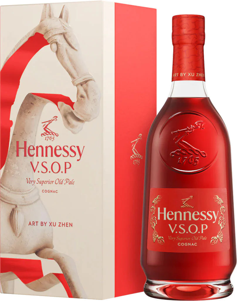 The Hennessy Cognac V.S.O.P Lunar New Year 2026 Limited Edition Art by Xu Zhen features red and gold details, horse artwork, and comes in a matching box—perfect for collectors.
