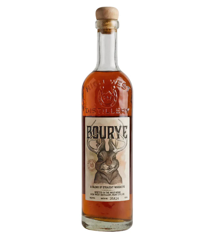 A clear glass bottle of High West Bourye Limited Sighting 2026 Release by High West Distillery, a limited bourbon-rye blend with amber whiskey, cork stopper, and a cream label featuring an illustrated jackalope.