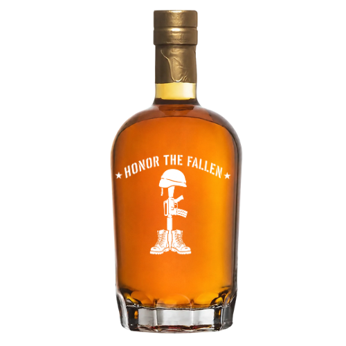 A custom "Honor The Fallen Warrior Proof" bottle by Memory Bottles, with a gold cap and military tribute design, exclusively supports the Wounded Warrior Project.