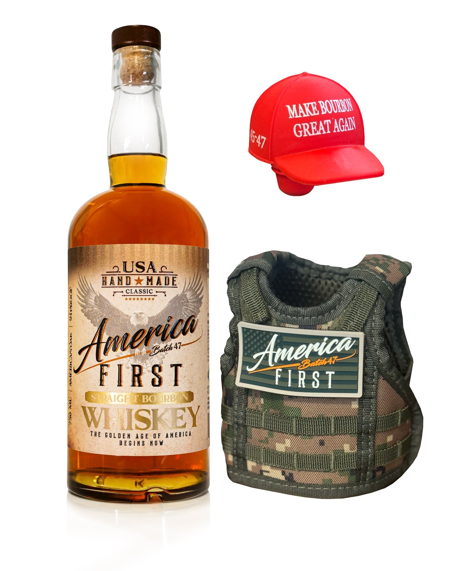 America First Straight Bourbon Whiskey, a red Make Bourbon Great Again cap, and a camo dog vest with an America First patch display American craftsmanship on a white background.