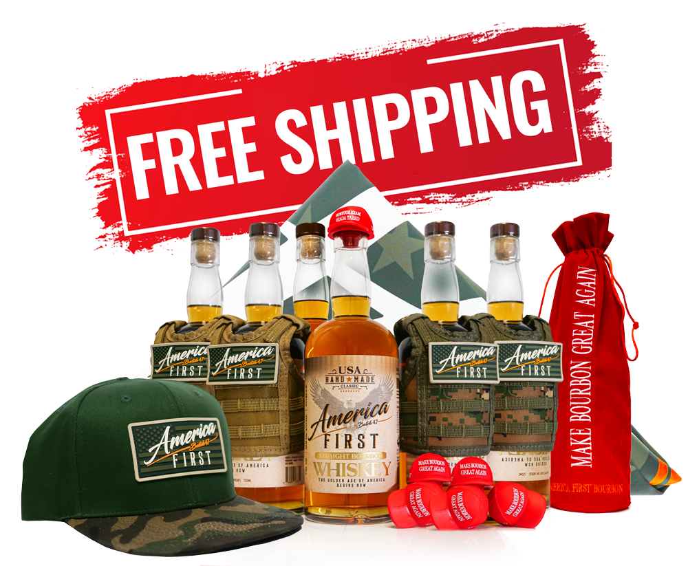 The America First Straight Bourbon Whiskey 6 Pack, green camo America First cap, red shot glasses, and red Make Bourbon Great Again bag are featured with a FREE SHIPPING banner in this exclusive bourbon collection.