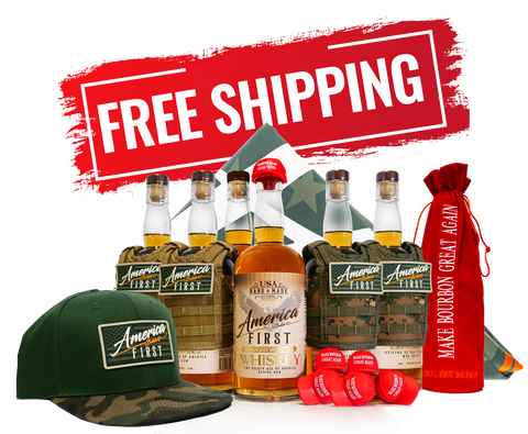 The America First Straight Bourbon Whiskey 6 Pack, green camo America First cap, red shot glasses, and red Make Bourbon Great Again bag are featured with a FREE SHIPPING banner in this exclusive bourbon collection.