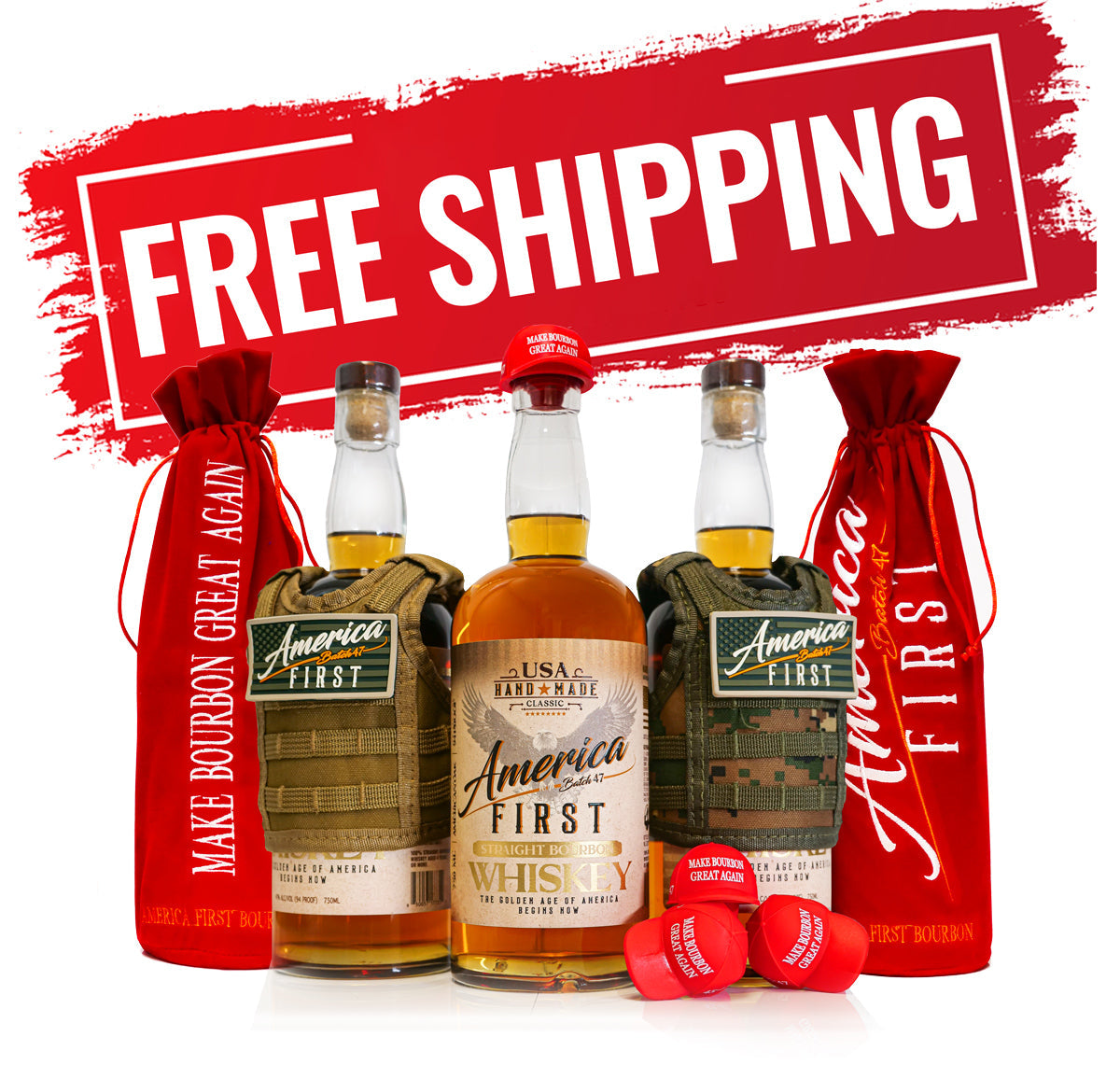 America First Straight Bourbon Whiskey 3 Pack is displayed with red and camo bags, branded toppers, and a bold FREE SHIPPING banner above—an ideal limited-edition collector's set for bourbon enthusiasts.