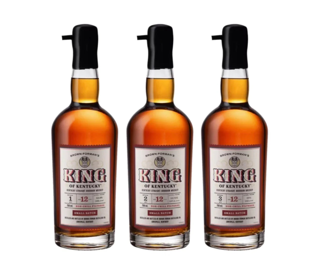 King of Kentucky 12 Year Small Batch Kentucky Straight Bourbon Whiskey 3 Bottle Set Batches 1–3, featuring brown labels and black caps, displayed side by side against a white background.