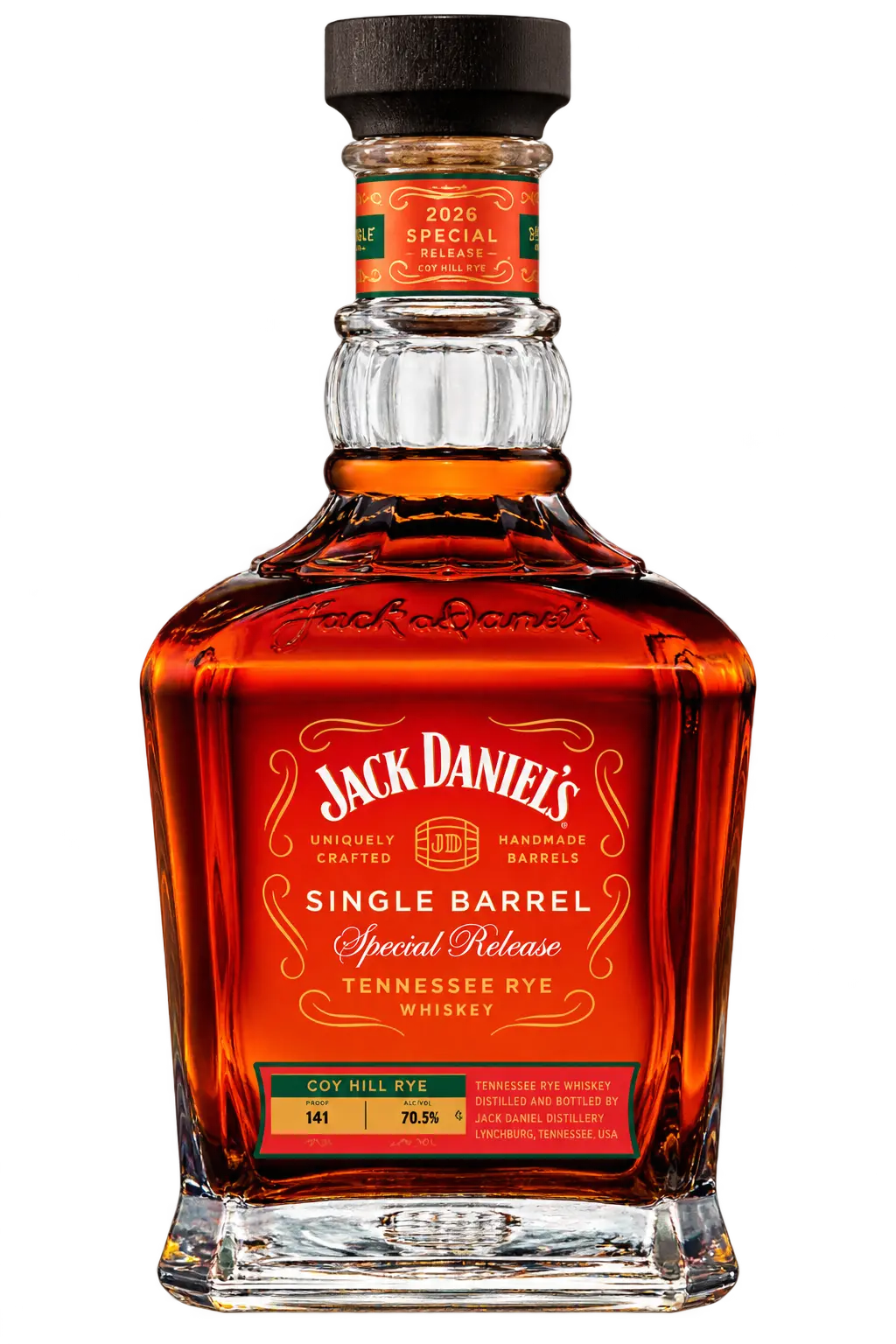 A bottle of Jack Daniel’s Coy Hill Rye Single Barrel Special Release 2026 Barrel Proof Tennessee Whiskey 700mL, featuring a red front label noting 141 proof and 70.5% alcohol, with a neck label identifying the 2026 single barrel release.