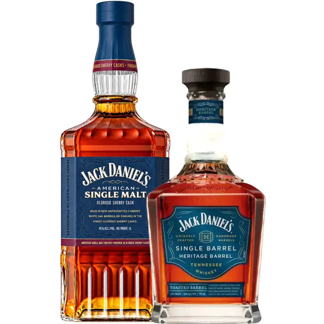 Two bottles from the Jack Daniel’s American Heritage Bundle: American Single Malt & Heritage Barrel Toasted Single Barrel, a tall American Single Malt bottle next to a shorter Heritage Barrel bottle.