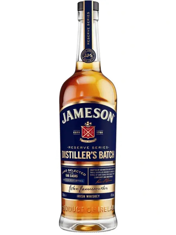 A full, upright bottle of Jameson Distiller's Batch Single Pot Still Irish Whiskey from Jameson, featuring a blue and gold label with the brand logo and Reserve Series details.