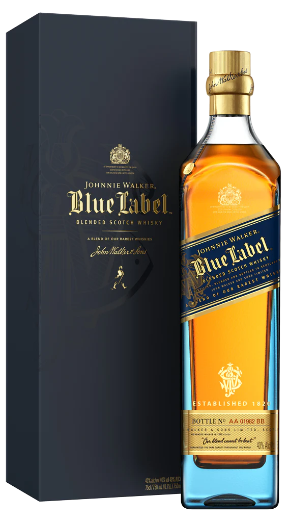 A 750mL bottle of Johnnie Walker Blue Label stands beside its dark blue box, both featuring the Johnnie Walker brand's signature gold and blue details.