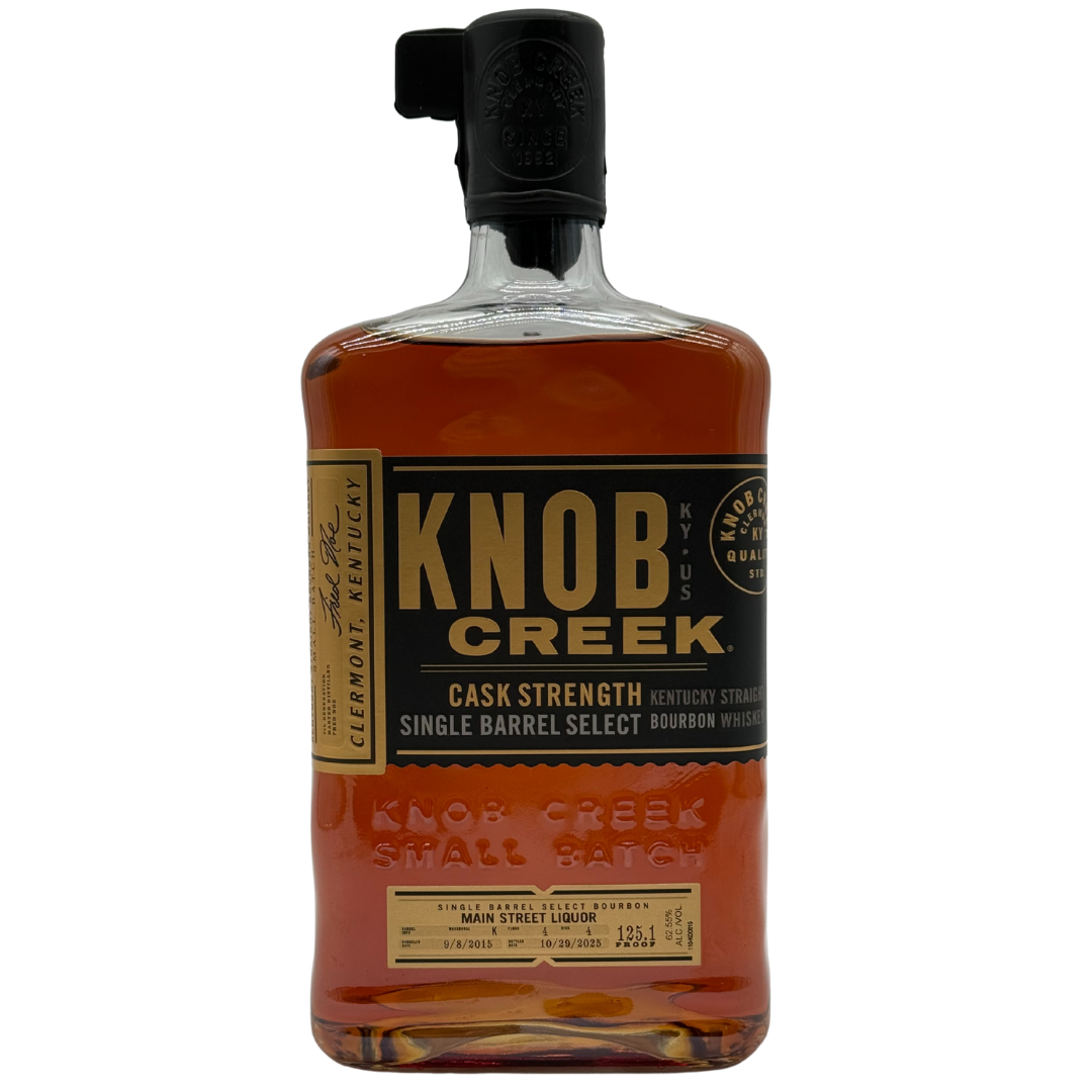 A bottle of Knob Creek Cask Strength Single Barrel Select – "Main Street Liquor" Private Barrel Pick with a black cap, gold and black label, and amber liquid visible through the clear glass.