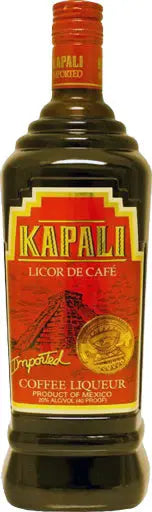 A 750mL bottle of Kapali Licor de Café Coffee Liqueur by Kapali, featuring a red and gold label with a pyramid design, and marked as a Mexican coffee liqueur imported from Mexico.