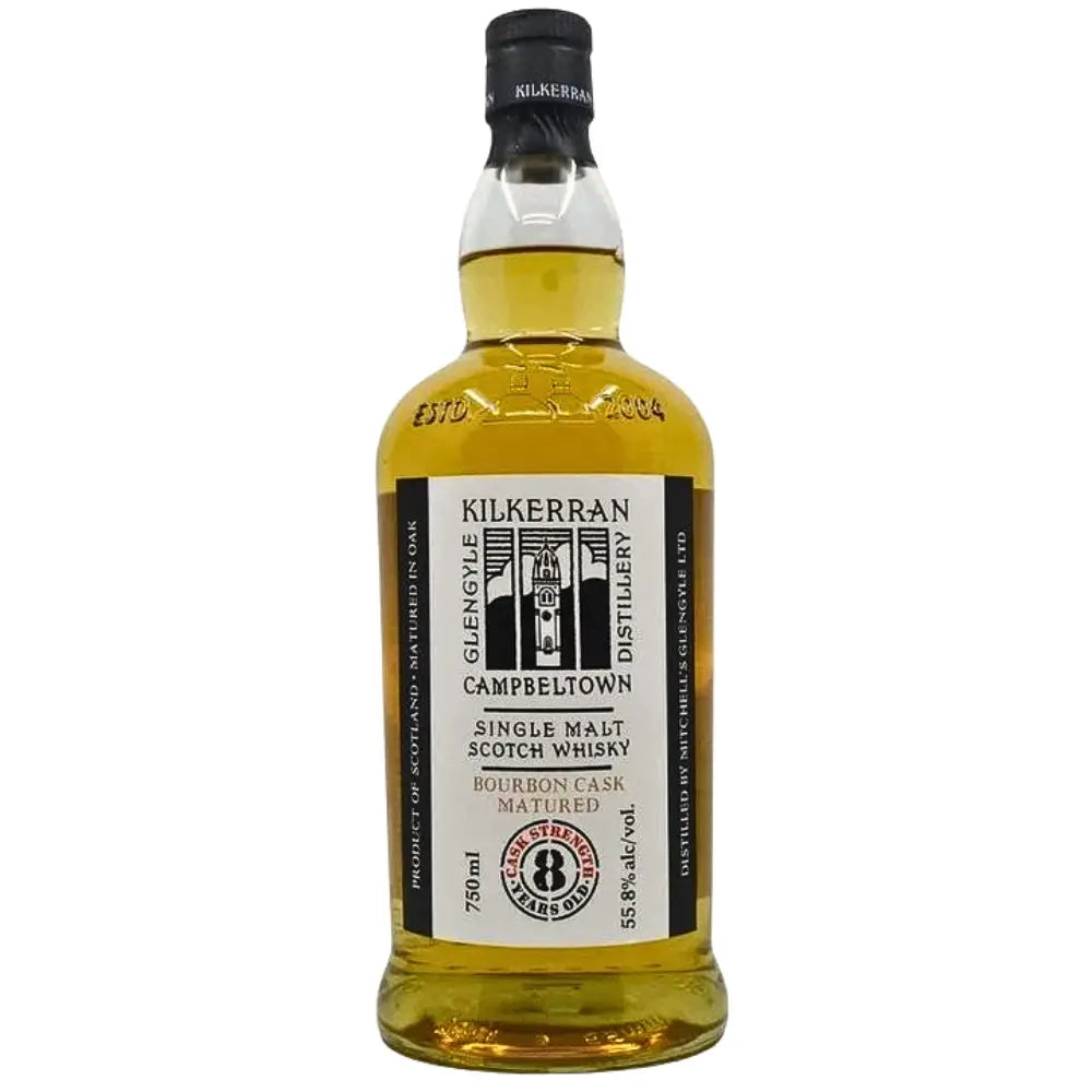 A bottle of Kilkerran 8 Year Old Cask Strength whisky from Kilkerran, matured in bourbon casks, lightly peated, with 55.8% ABV and a classic black and white label design.