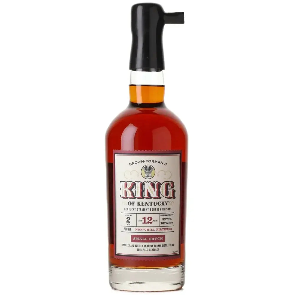 A 700mL bottle of King of Kentucky Small Batch 12 Year Batch 2 features a wax seal and highlights its heritage on the front label.
