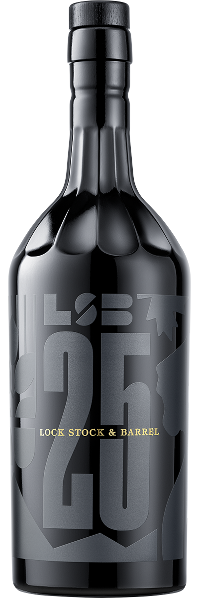 A black bottle with embossed silver "25" and abstract design, labeled LOCK STOCK & BARREL in gold, features Lock Stock & Barrel 25 Year Straight Rye Whiskey—an ultra-premium release from the Lock Stock & Barrel brand.