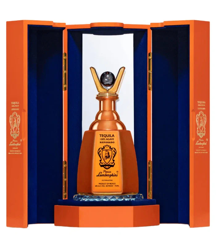 The Lamborghini Tequila Reposado Gift Set by Lamborghini Wine & Spirits Collections features a gold and black bottle in a striking orange and blue box—an ideal limited edition luxury tequila gift.