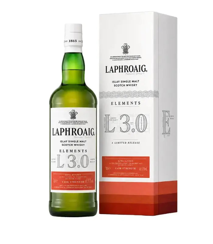 A bottle of Laphroaig Elements 3.0 Islay Single Malt Scotch Whisky 700mL by Laphroaig is displayed beside its coordinating white and orange box, both adorned with black and orange text and design accents, emphasizing this limited-edition release.