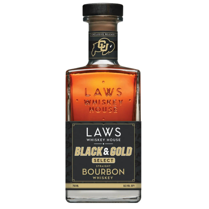 A rectangular bottle of Laws Whiskey House Black &amp; Gold Select Four Grain Straight Bourbon Whiskey from Laws Whiskey House, featuring a black and gold label and a cork top. The amber-colored whiskey inside highlights the craft of their Colorado Four Grain Straight Bourbon.