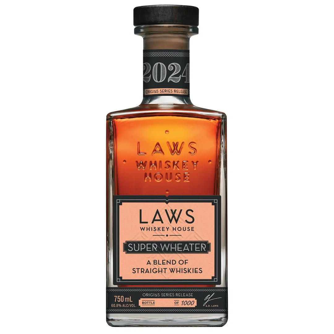 A 750ml bottle of Laws Whiskey House ORIGINS Series Super Wheater 2024 Blend of Straight Whiskeys, bottled at 60.0% ABV, bottle number 61 out of 7000.