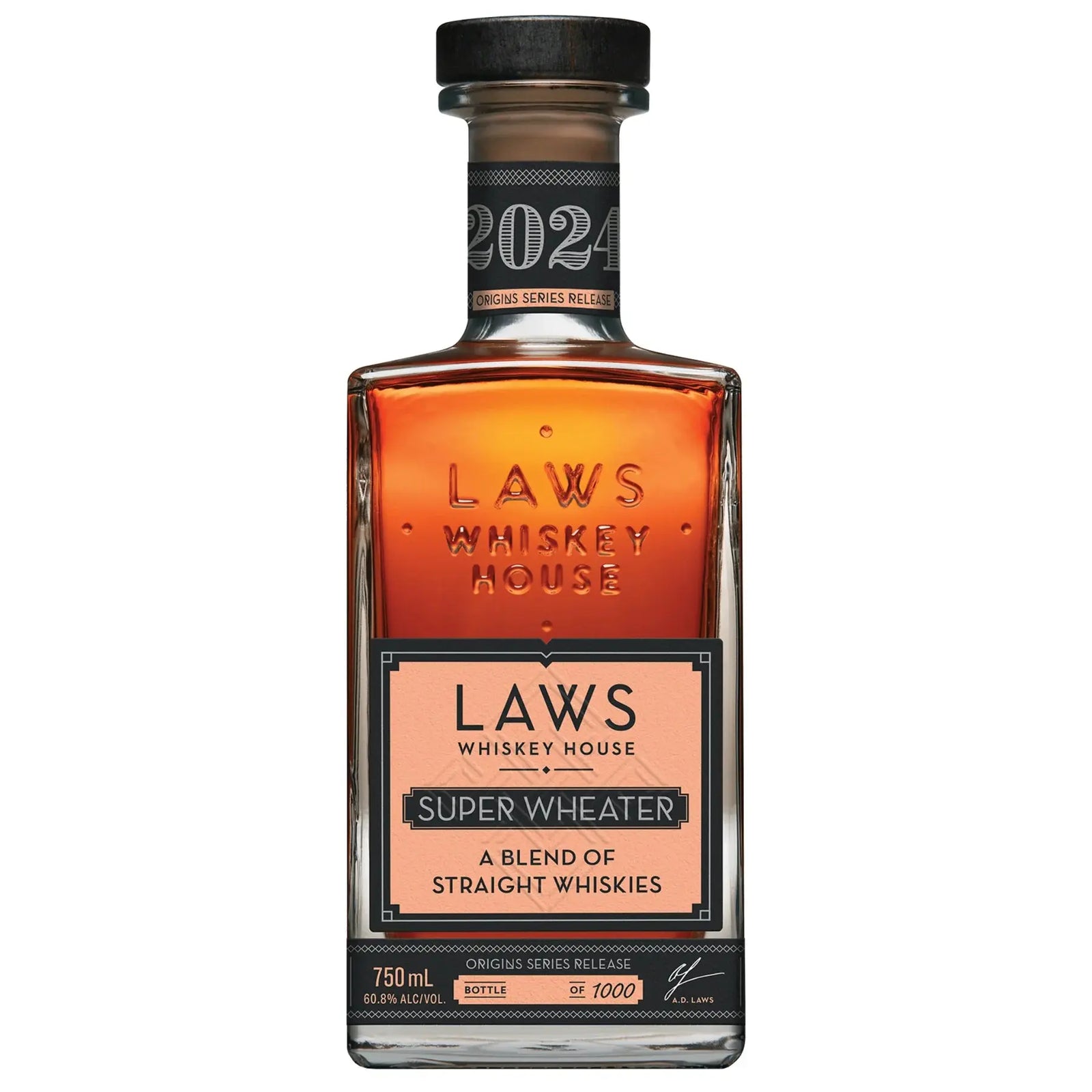 A 750ml bottle of Laws Whiskey House ORIGINS Series Super Wheater 2024 Blend of Straight Whiskeys, bottled at 60.0% ABV, bottle number 61 out of 7000.