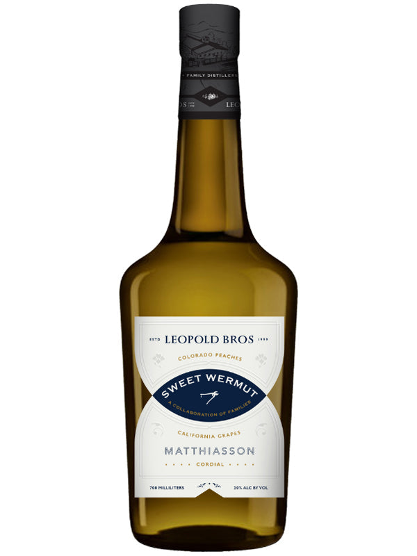 A bottle of Leopold Bros x Matthiasson Sweet Wermut, in brown glass with a white and blue label, showcases Colorado peaches and California grapes in this botanical aperitif collaboration.