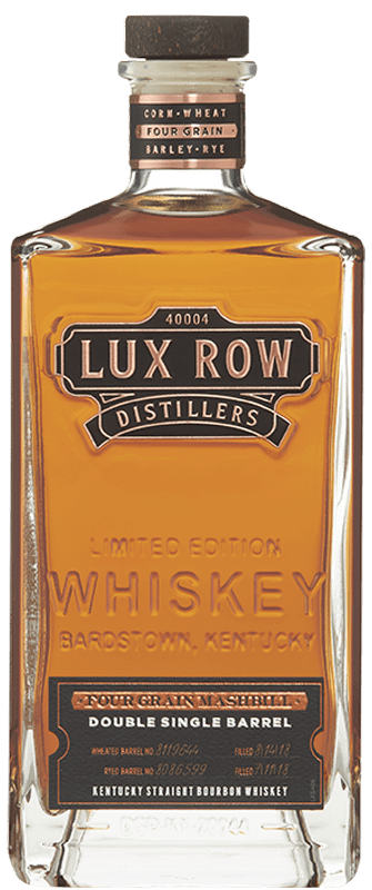A rectangular bottle of Lux Row Distillers Four Grain Double Single Barrel Straight Bourbon, featuring amber bourbon and black-copper labels—an ideal collector’s item for fans of fine Kentucky bourbons.