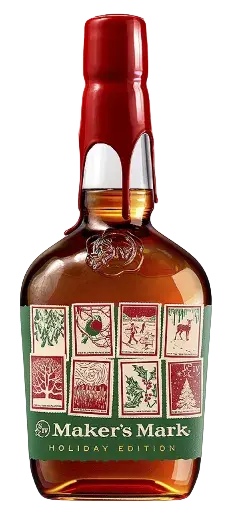 A bottle of Maker’s Mark Holiday Edition 2026 Kentucky Straight Bourbon Whisky with a red wax-dipped stopper and a label featuring eight holiday-themed illustrations.