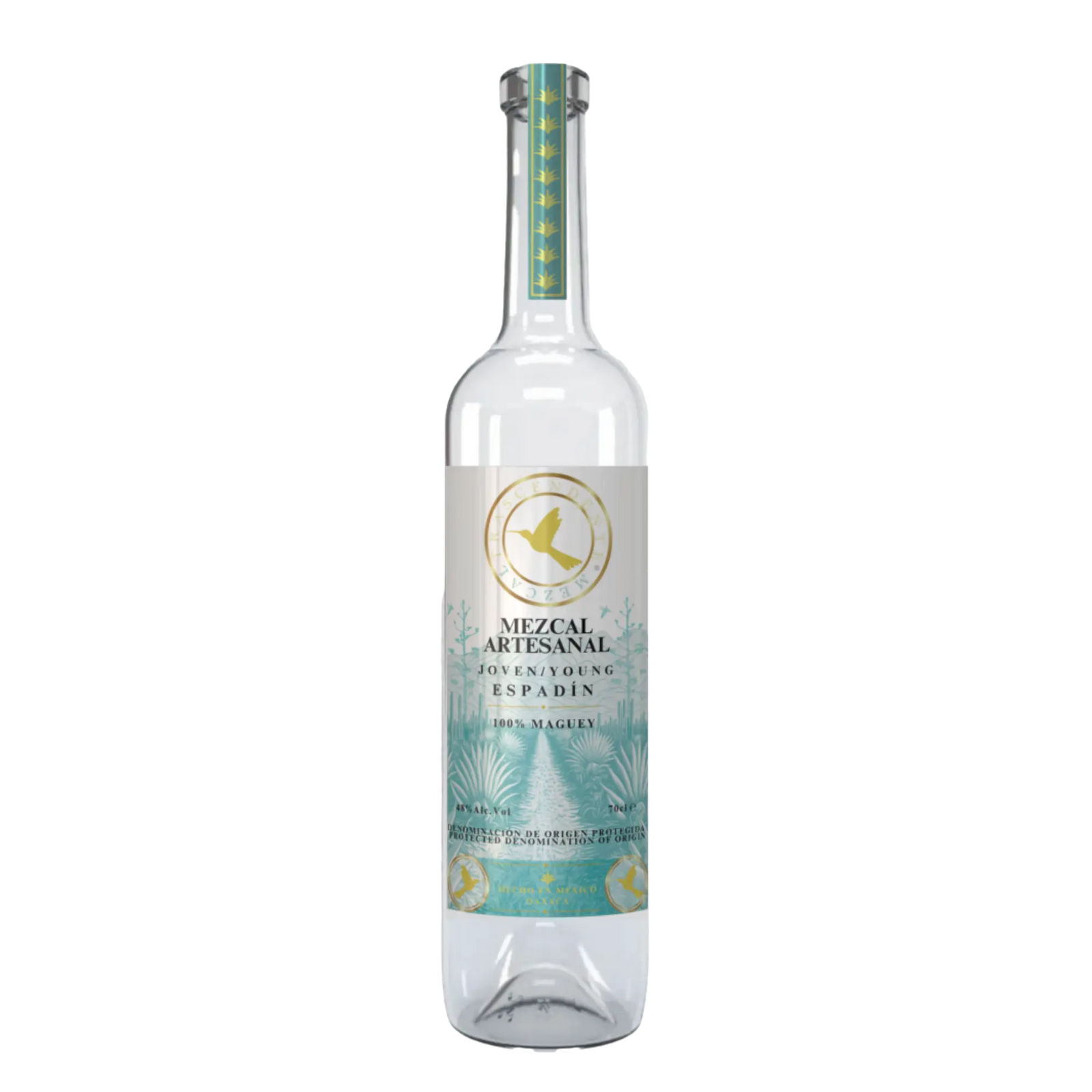 Mezcal Trascendente Espadín Selecto 700ml by Mezcal Trascendente comes in a clear glass bottle with a light blue and gold label, featuring an agave plant design and a stylized bird logo near the top.