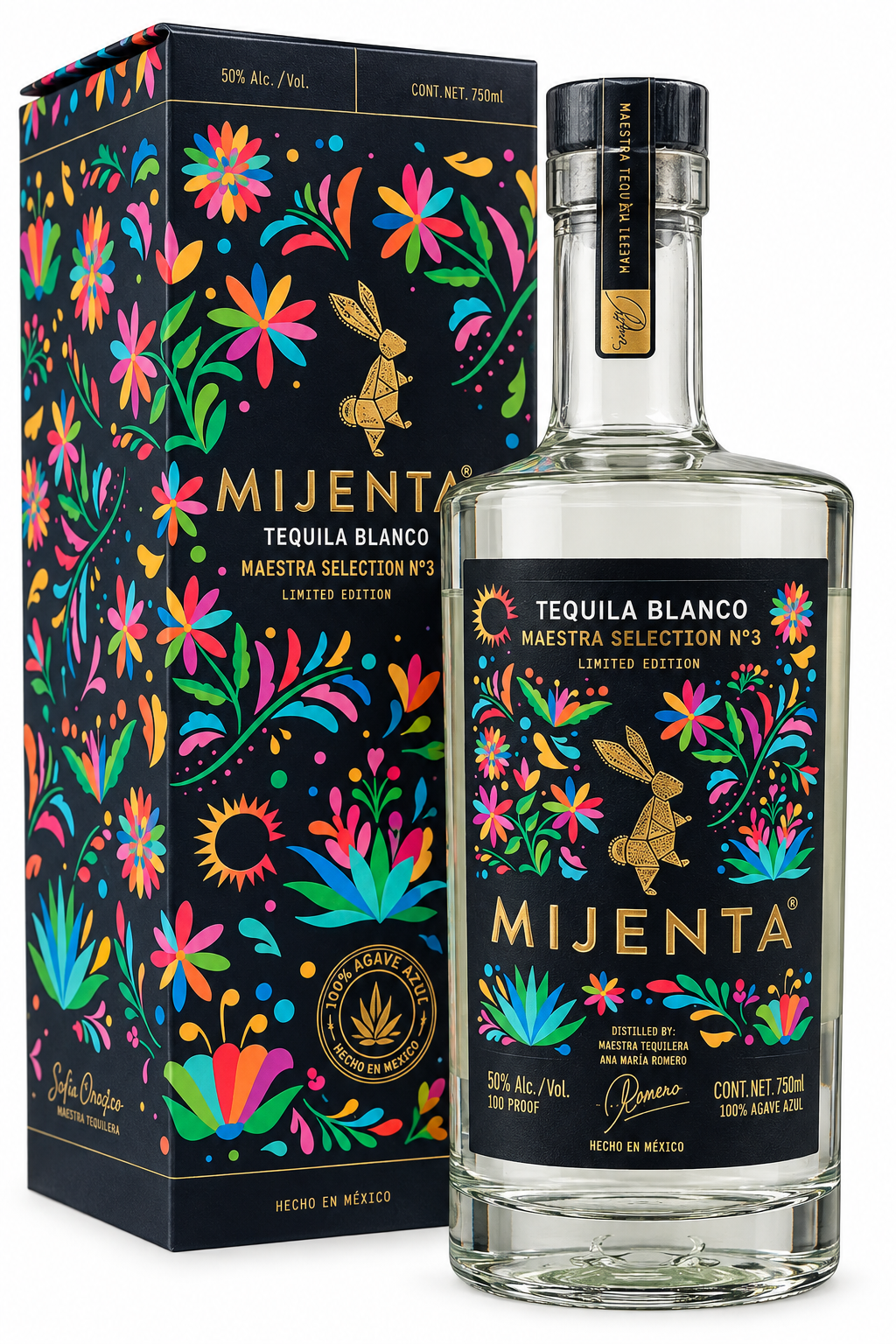 A bottle of Mijenta Maestra Selection No. 3 Tequila Blanco from Mijenta Tequila, a limited-edition high-proof blanco tequila, presented in a vibrant floral box adorned with folk art and a rabbit motif. The label features “Maestra Selection No. 3” alongside product details, celebrating the craftsmanship and rich heritage of this exclusive release.
