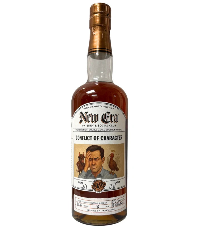 A bottle of New Era 'Conflict of Character' 8 Year BuffTurkey Cask Strength Double Oaked Bourbon, featuring an illustrated serious man flanked by two roosters, hints at its bold double oaked flavor.