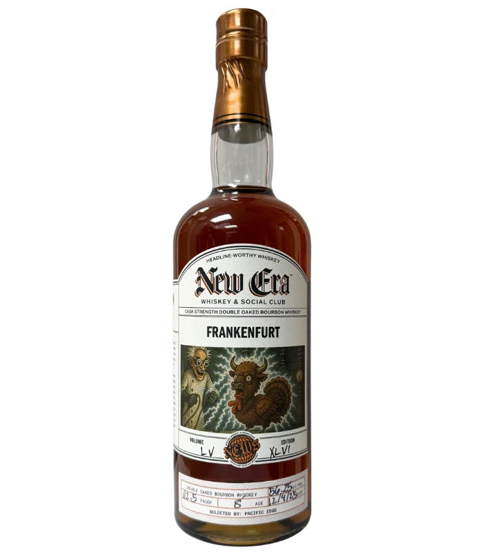 A bottle of New Era 'Frankenfurt' 8 Year BuffTurkey Cask Strength Double Oaked Bourbon features two playful squirrels—one Frankenstein-like—on the label, with branding and batch details displayed beneath the illustration.