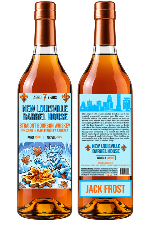 Front and back view of a New Louisville Jack Frost Christmas Edition 7 Year Maple Brûlée Finished Bourbon 130.8 Proof bottle, featuring an ice king with a maple leaf cookie, 130.8 proof label, and 7-year age statement.