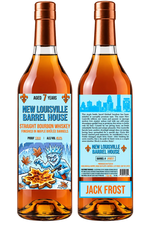 Front and back view of a New Louisville Jack Frost Christmas Edition 7 Year Maple Brûlée Finished Bourbon 130.8 Proof bottle, featuring an ice king with a maple leaf cookie, 130.8 proof label, and 7-year age statement.