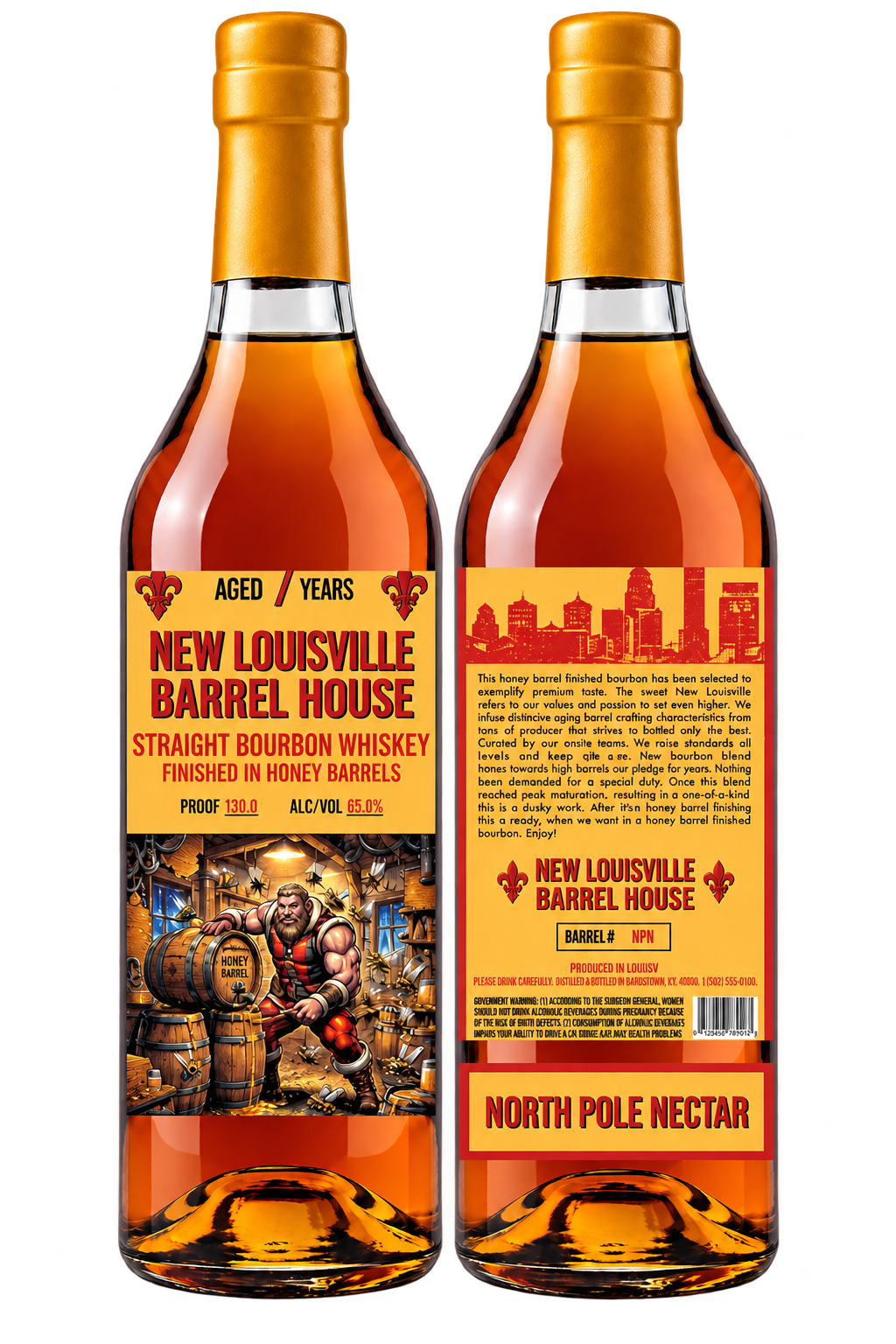 Two bottles of Nulu New Louisville North Pole Nectar Christmas Edition 7 Year Honey Barrel Finished Bourbon 130 Proof (Pre-Order), one showing the front label with a cartoon character in a barrel cellar and the other showing the back label.